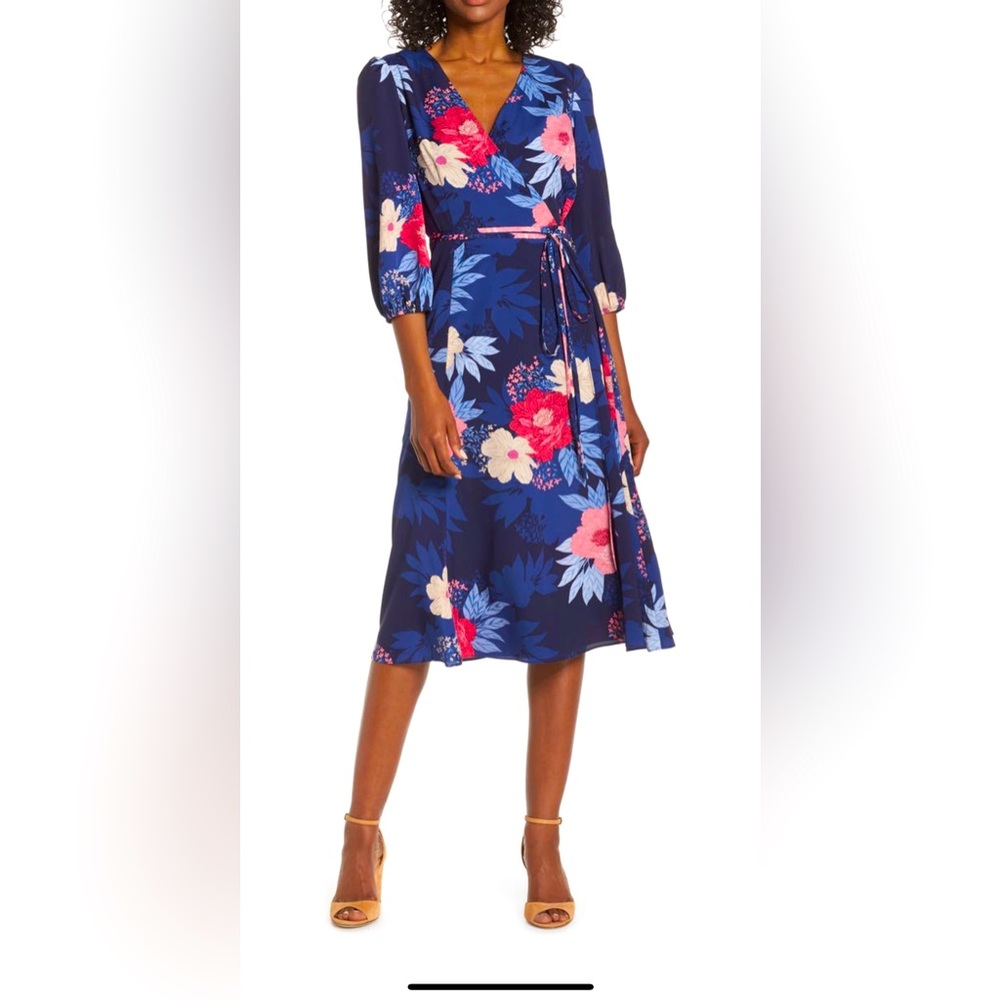 Eliza J Floral Print Faux Wrap MIDI Dress